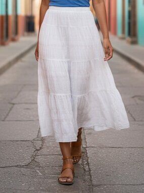 Max Studio White Tiered Peasant Skirt A Line Cotton Boho Cottage Large